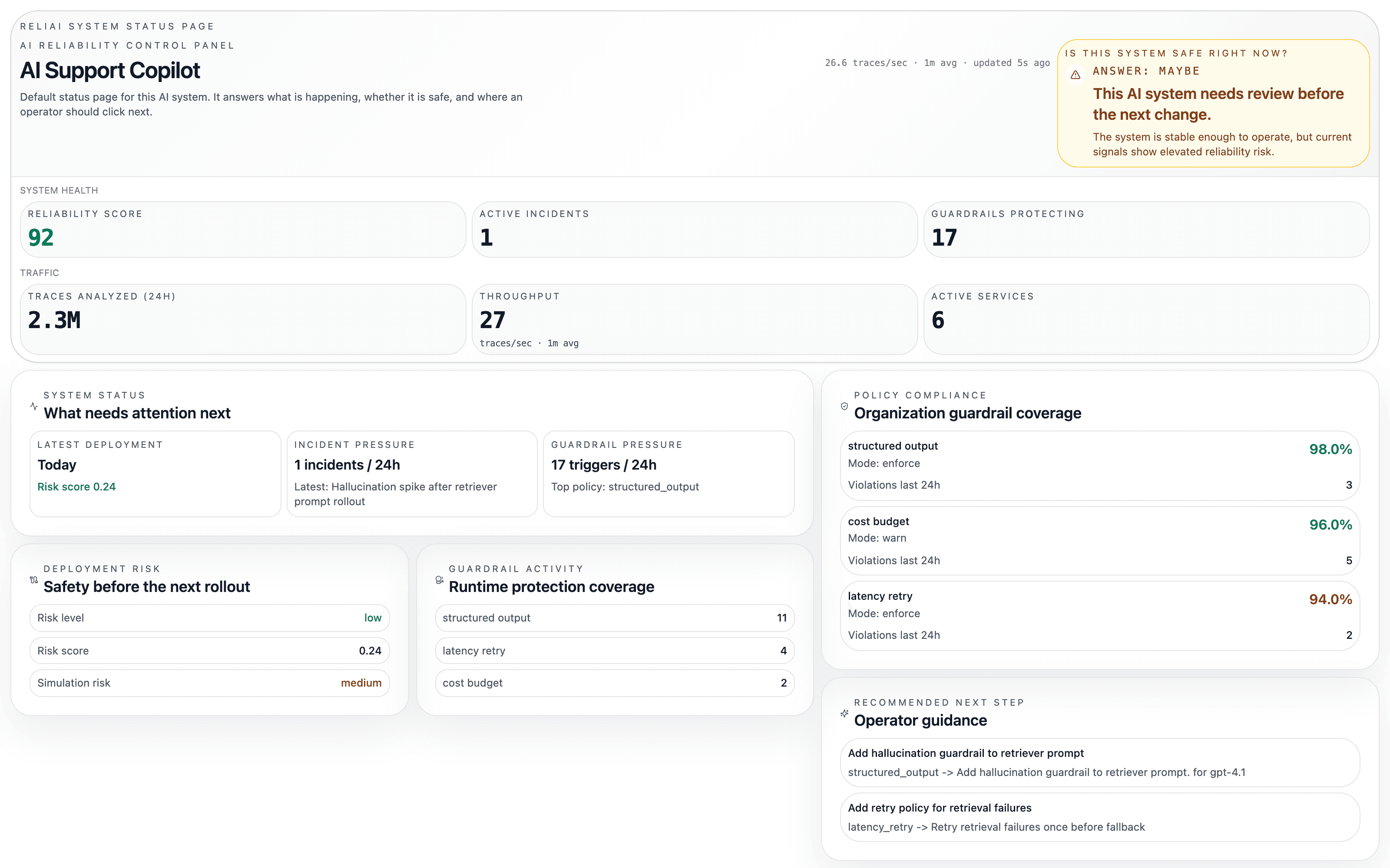 Reliability control panel showing active incidents, risk score, and operator guidance