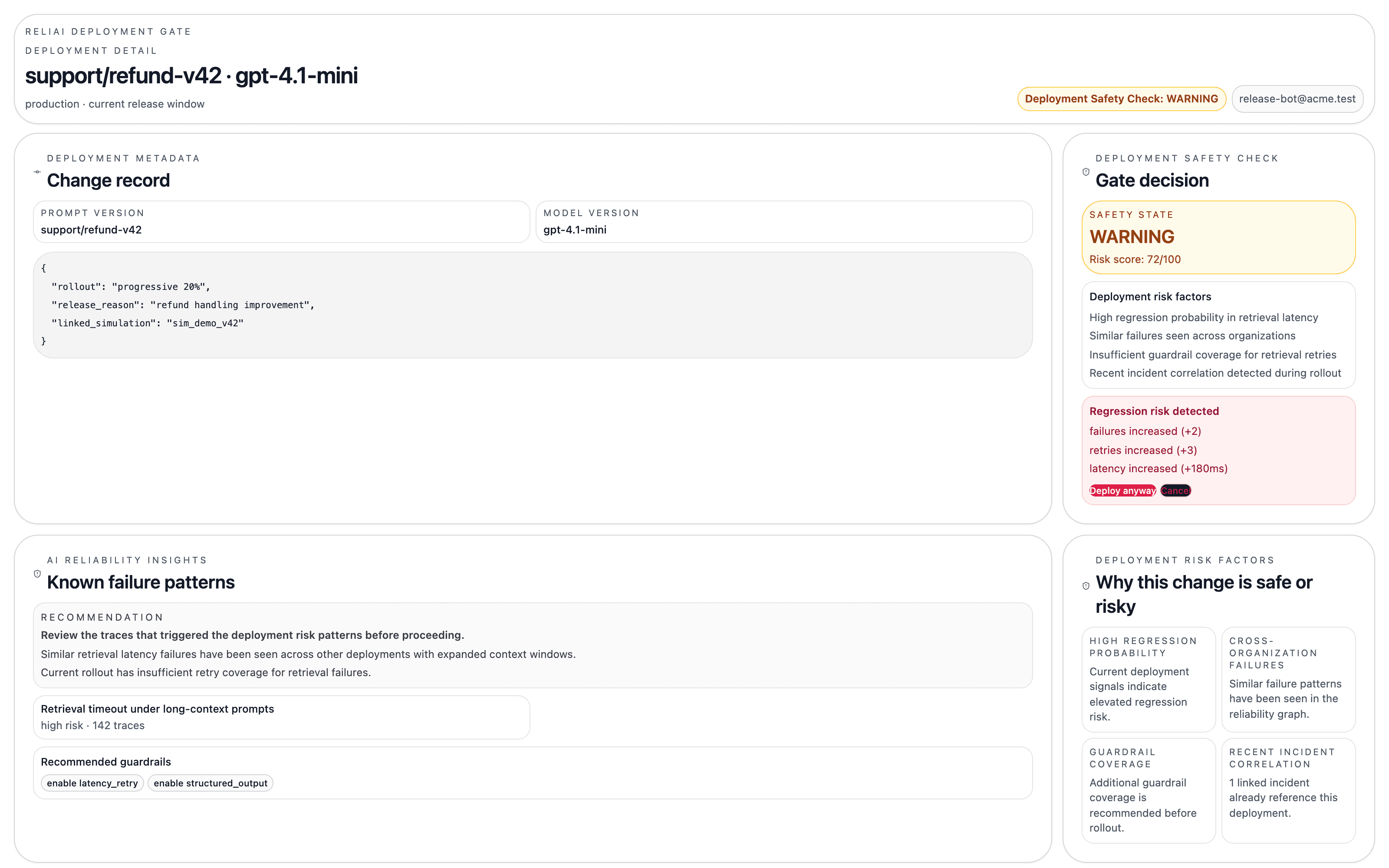 Deployment safety gate showing WARNING decision with risk score and regression factors