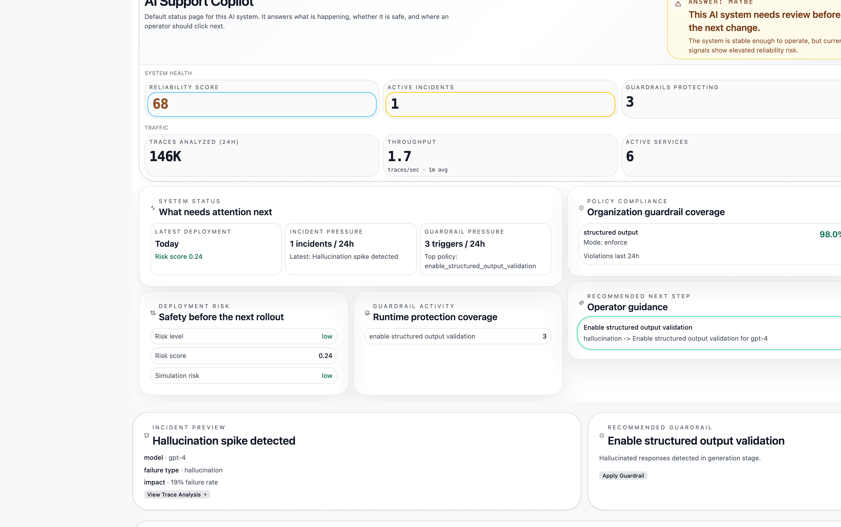 Simulation playground running a synthetic incident scenario with refusal spike